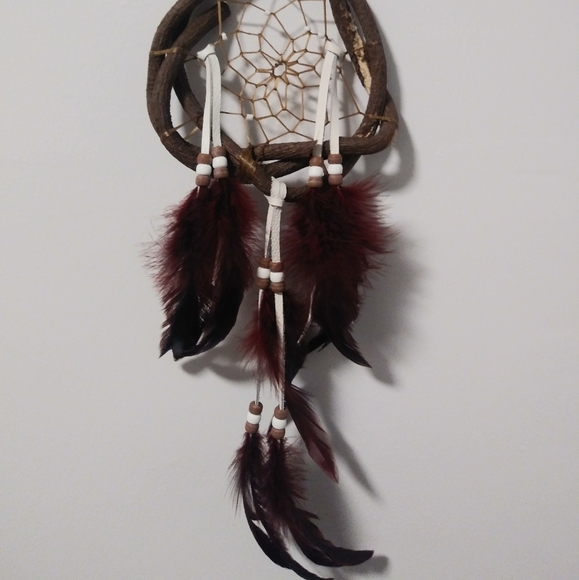 White Leather & Burgundy Feather Dream Catcher - Picture 1 of 2
